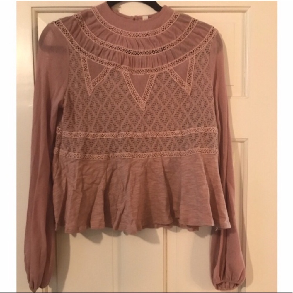 Free People Long Sleeve High Neck Semi-Sheer Blouse blush size small - Picture 2 of 8